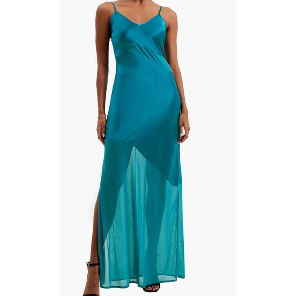 French Connection Ocean Depths Satin‎ & Mesh Slipdress Maxi Gown Size 6